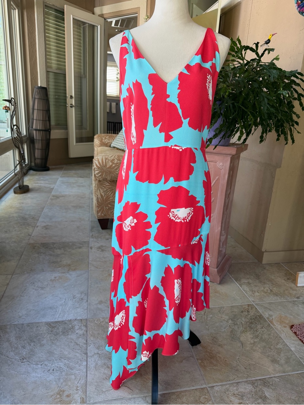Milly Turquoise and Red Floral High-Low V-Neck Dress